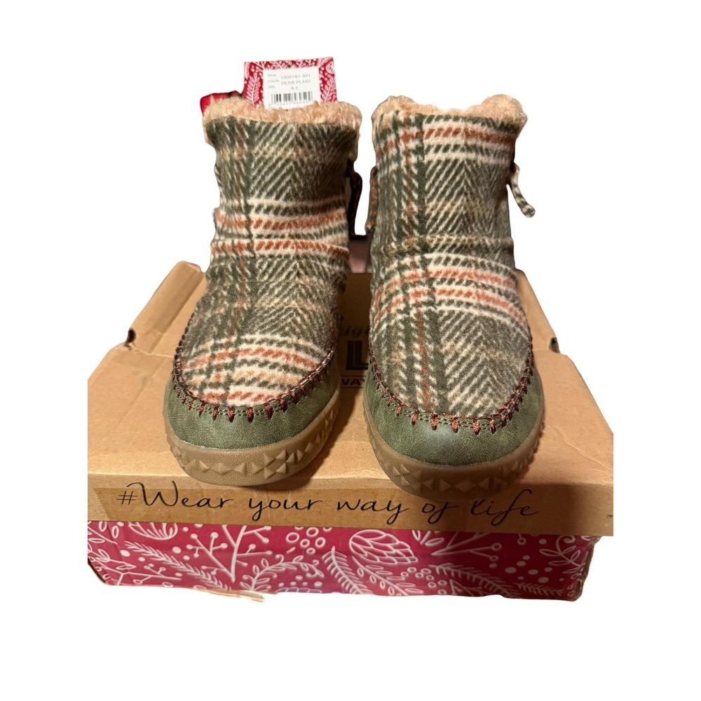 Muk Luks Slippers Womens 8.5 Green Plaid Bootie Faux Fur Lined Cozy Warm